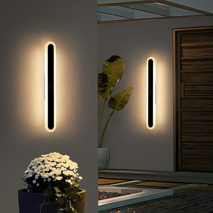 2 Pack Long Outdoor Porch Wall Light, 23.6inch Oval Modern LED Wall Sconce, IP65 Waterproof, 3000K Warm White, 24W, Exterior Linear Lighting Fixture for Patio, Yard, Garage, Balcony