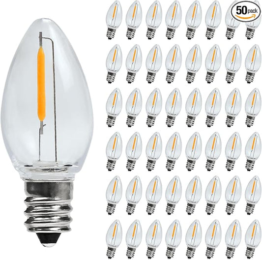 C7 LED Night Light Bulbs, C7 Led Replacement Bulbs for Christmas String Lights, Shatterproof & Waterproof C7 Led Bulbs, E12 Candelabra Base, 0.6W Equivalent to 7W, 2200K Warm White, ‎Plastic 50 Pack