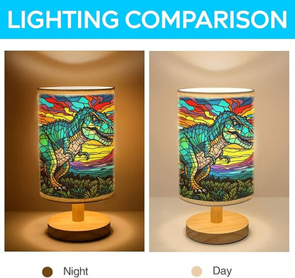 Dinosaur Table Lamp LED 3-Color Pressed Bedside, Dinosaur Shade Lamp with Wood Base for Bedroom Living Room Desk Office TL01