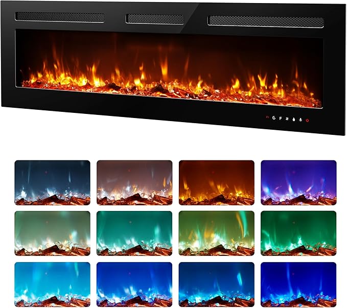 EUHOMY 60 Inch Electric Fireplace Recessed Wall Mounted with Remote Control, Fireplace Heater with Adjustable Flame Color, Linear Fireplace with Timer, Log & Crystal, 750/1500W (2026 Upgrade)