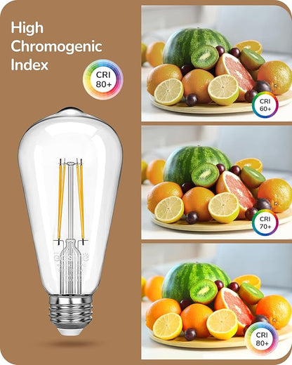 EDISHINE 6 Pack Vintage LED Edison Bulbs 8W Equivalent 60W, ST64 Dimmable Led Light Bulbs, 700LM 2700K Warm White Light E26 Base, Decorative Antique LED Filament Bulbs for Home and Commercial