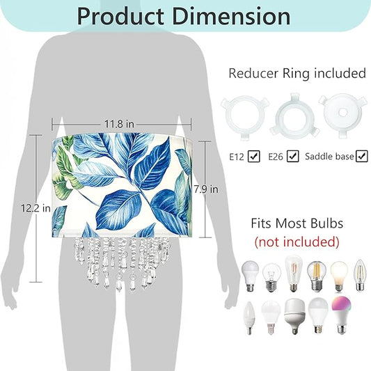 Blue Leaf Tropical Leaf Lamp Shade with Acrylic Bead Droplets, Drum Fabric Light Shade for Ceiling Pendant Table or Floor Lamps, Botanical Nature Home Decor, 11.8in