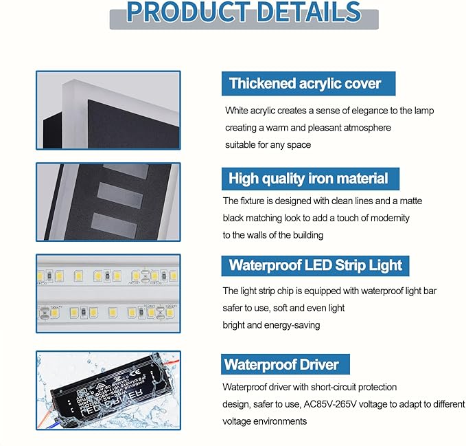 Outdoor Wall Light LED 42W 30000K 35.4in Long - Black Metal Waterproof Modern Exterior Lighting Fixture,Frosted Acrylic Porch Sconce,for Patio,Garage,Courtyard