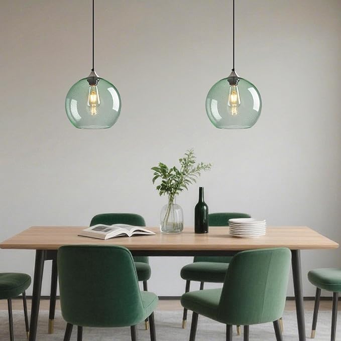 Light Green Glass Pendant Lights Kitchen Island Globe Pendant Light Fixtures Modern Pendant Lighting for Bedroom Living Dining Room Light Fixture (9.84 in, 3 Pack)