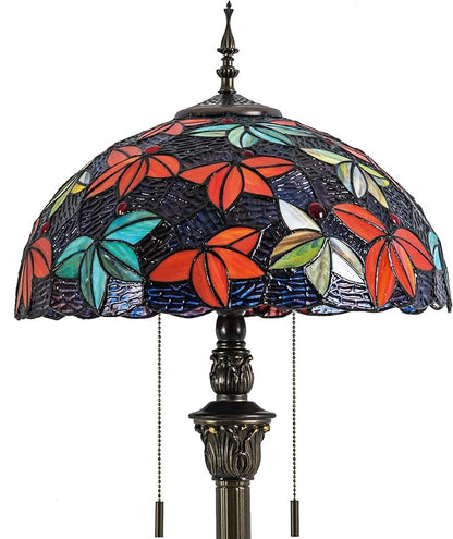 Tiffany Floor Lamp, 16" Stained Glass Maple Leaf Shade with Antique Bronze Base, 2-Light E26 Pull Chain Standing Reading Light for Living Room Bedroom16x16x64 Inches (Purple Blue Maple Leaf)