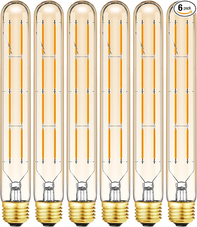 T10 Led Bulbs,E26 Dimmable Long Led Bulbs,8W Equal 75 Watt, 2700K Warm White,8.9in Led Edison Tube Bulb,T10 Amber Glass Cover,6-Pack.