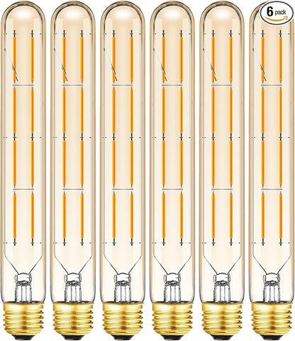 T10 Led Bulbs,E26 Dimmable Long Led Bulbs,8W Equal 75 Watt, 2700K Warm White,8.9in Led Edison Tube Bulb,T10 Amber Glass Cover,6-Pack.