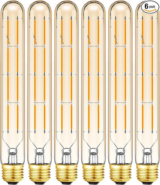 T10 Led Bulbs,E26 Dimmable Long Led Bulbs,8W Equal 75 Watt, 2700K Warm White,8.9in Led Edison Tube Bulb,T10 Amber Glass Cover,6-Pack.