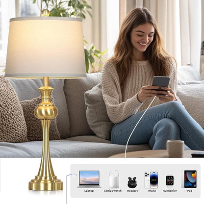 28.75'' Gold Table Lamps for Living Room, 3 Way Touch Control Bedside Lamps with USB A+C Ports & AC Outlets, Modern Metal Nightstand Lamps for Bedroom Living Room Office End Table（Bulb Included）