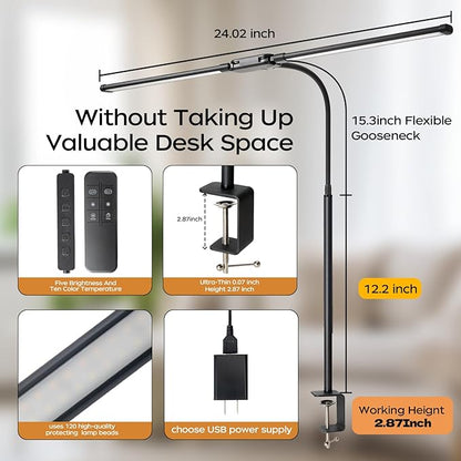 LED Desk Lamp with Clamp, Double Head Adjustable Architect Light, Eye-Caring Monitor Desk Lamp for Home Office, Flexible Gooseneck Task Lamp with 10 Brightness Levels & 5 Color Temperature Modes Black