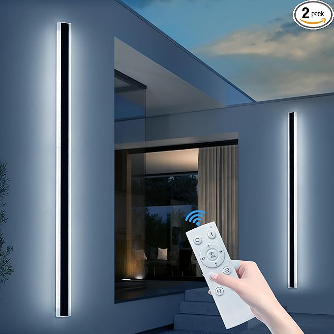 2 Pack Modern Outdoor Wall Light, 71inch LED Long Linear Wall Sconce Dimmable 3000K-6000K, IP65 Waterproof, Exterior Wall Mount Lighting for House, Porch, Patio, Yard, Garage with Remote Control