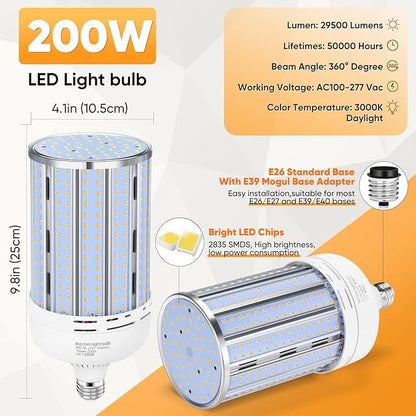 2 Pack 200W Corn LED Light Bulb Fanless,29,500LM 3000K/Warm White(2000 Watt Equivalent) E26/E39 Large Mogul Base LED Cob Lamp for Outdoor Indoor Garage Warehouse Factory Workshop Street Backyard