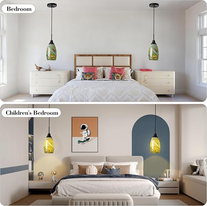 Mini Glass Pendant Light 4.72" Oval Pendant Lights 3-Pack Handblown Colorful Art Glass Hanging Pendant Light for Kitchen Island Dining Room Living Foyer Hallway Entry Matte Black Metal
