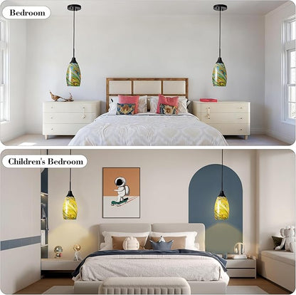 Mini Glass Pendant Light 4.72" Colorful Pattern Oval Pendant Lights 1-Pack Handblown Art Glass Hanging Pendant Light for Kitchen Island Dining Room Living Hallway Matte Black Metal