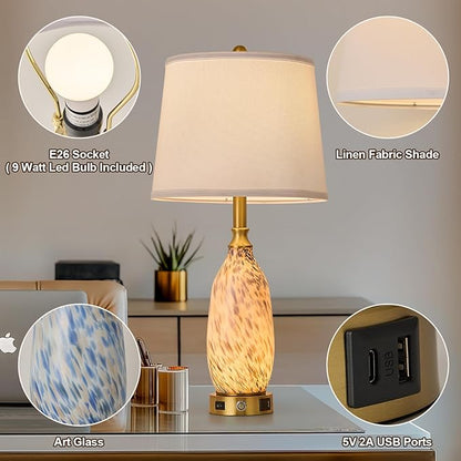 AIDENOEY 26" Modern Art Glass Table & Bedside Lamp, Stepless Dimmable Base + Dimmable 3-Color Light, USB A/C Charging Ports, Touch Control & Switch for Bedroom, Living Room, Office, Study