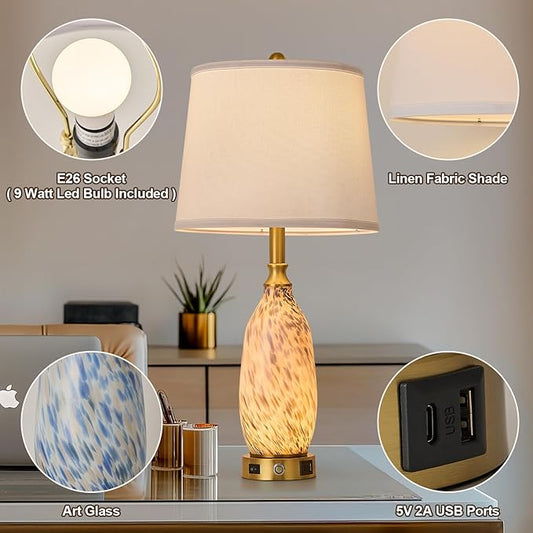 AIDENOEY 26" Modern Art Glass Table & Bedside Lamp, Stepless Dimmable Base + Dimmable 3-Color Light, USB A/C Charging Ports, Touch Control & Switch for Bedroom, Living Room, Office, Study
