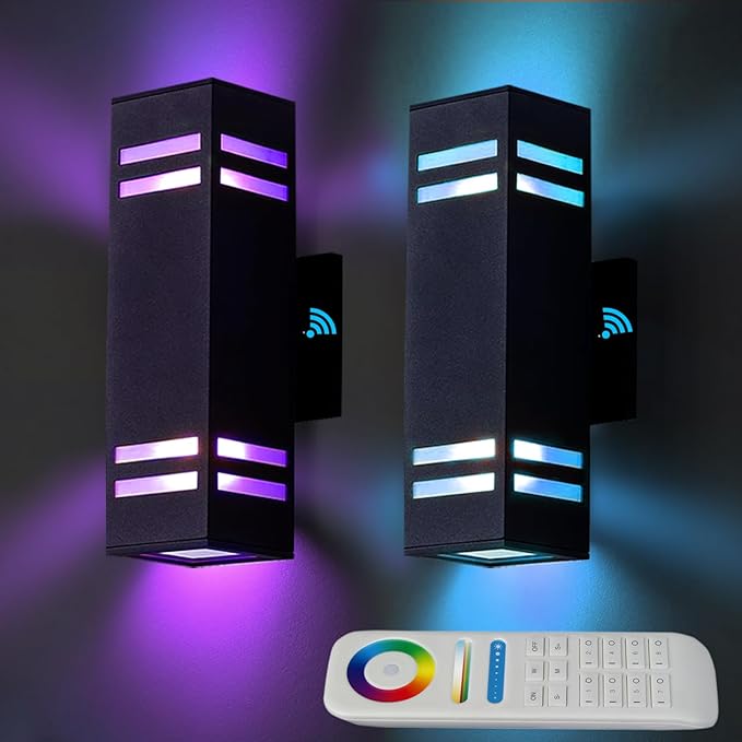Up and Down Lights Outdoor, RGB Color Changing Outdoor Wall Lights with Dusk to Dawn Photocell Sensor，LED Smart Exterior Wall Light Fixtures for House Front Door Porch Patio 2 Pack