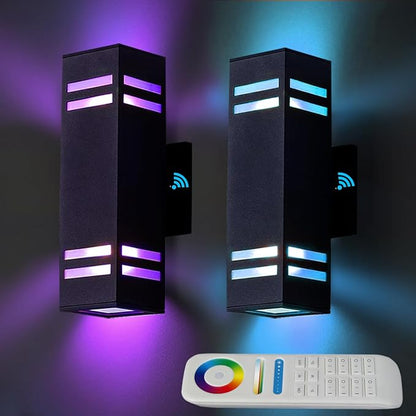 Up and Down Lights Outdoor, RGB Color Changing Outdoor Wall Lights with Dusk to Dawn Photocell Sensor，LED Smart Exterior Wall Light Fixtures for House Front Door Porch Patio 2 Pack