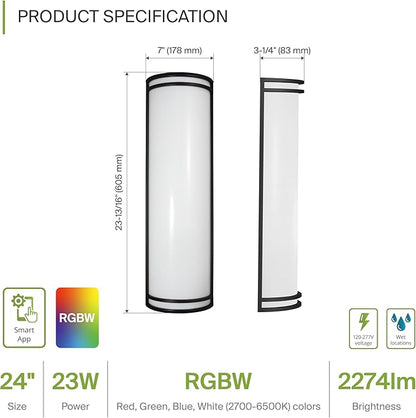 ASD 24 Inch Smart RGBW LED Outdoor & Indoor Wall Mount Light Fixture - Black RGB Wall Sconce Exterior Lighting - 120-277V 23W 2700-6500K Dimmable, Remote Control, Alexa - Front Door, Patio ETL 2 Pack