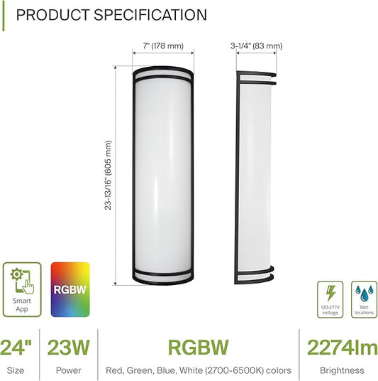 ASD 24 Inch Smart RGBW LED Outdoor & Indoor Wall Mount Light Fixture - Black RGB Wall Sconce Exterior Lighting - 120-277V 23W 2700-6500K Dimmable, Remote Control, Alexa - Front Door, Patio ETL 2 Pack