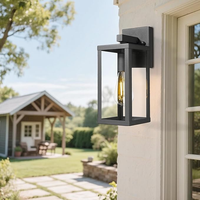 Outdoor Wall Light with Clear Glass, Anti-Rust Exterior Wall Sconce, Weather Resistant Outdoor Lantern, Exterior Lighting for Porch, Patio, Garage, Entryway (Black, 13" Height-1 Pack)