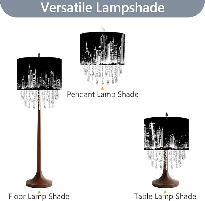 City Skyline Lamp Shade with Acrylic Bead Droplets, Black & White Drum Fabric Light Shade for Ceiling Pendant Table & Floor Lamps, Modern Home Decor, 11.8in