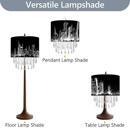 City Skyline Lamp Shade with Acrylic Bead Droplets, Black & White Drum Fabric Light Shade for Ceiling Pendant Table & Floor Lamps, Modern Home Decor, 11.8in