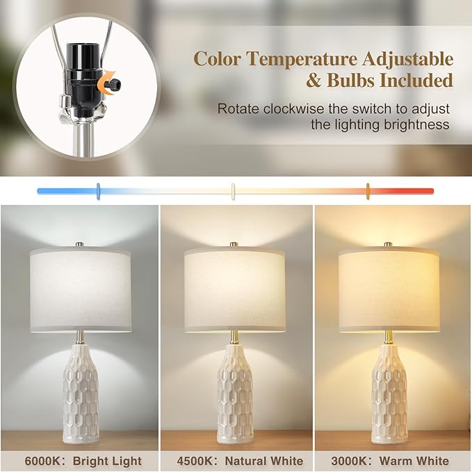 Luvkczc 24.8" Ceramic Table Lamps Set of 2 with Color Temperature & Bulbs Included - Bedside Lamps for Nightstand, Living Room, Bedroom, Home Office Decor