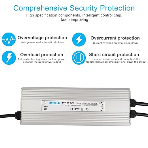 LED Driver 24V1600W Waterproof Power Supply AC 90-130V to DC 24V66.6A Waterproof Switching Power Supply IP67 Transformer Suitable for Indoor and Outdoor LED Lighting and Any 24V DC Equipment