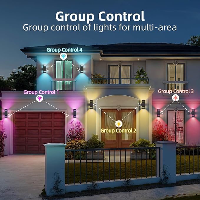 Outdoor Smart Wall Lights 2 Pack, Aluminum Exterior Lighting Fixtures Dusk to Dawn Color Changing Outdoor Lights with Matte Black Finish for Outside Decor, DIY Lighting Effects