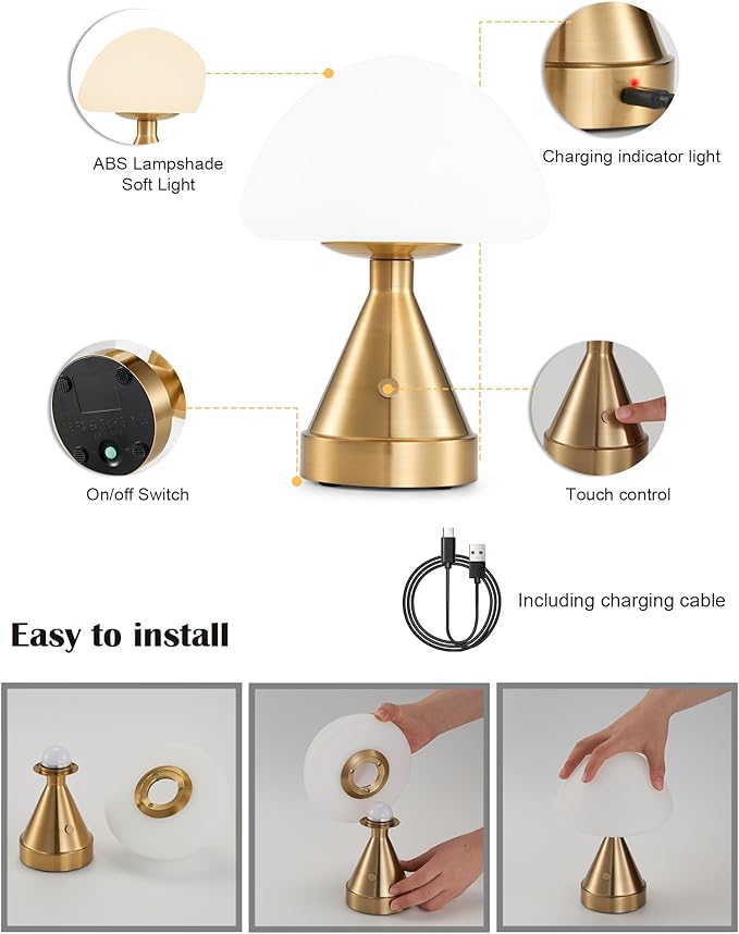 Small Cordless Mushroom Table Lamp, Mini Rechargeable Battery Powered Night Light, Touch Control Dimmable, Portable Gold Lamp for Kitchen Restaurant Dining Table Bathroom Patio