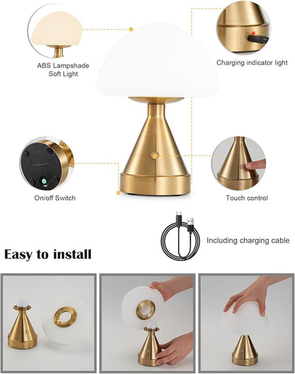 Small Cordless Mushroom Table Lamp, Mini Rechargeable Battery Powered Night Light, Touch Control Dimmable, Portable Gold Lamp for Kitchen Restaurant Dining Table Bathroom Patio
