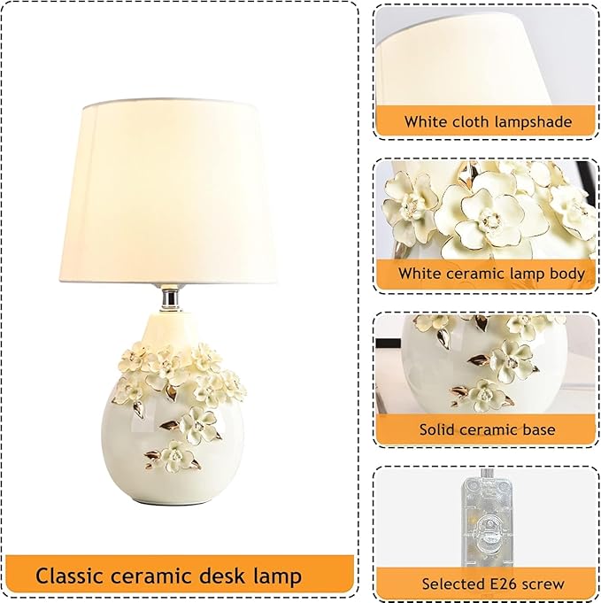 Modern Flower White Table Lamp 17.7" Ceramic Table Lamps Farmhouse Carving with Textured Floral Vase Drum Shade for Living Room Bedroom House Bedside Nightstand Home Office