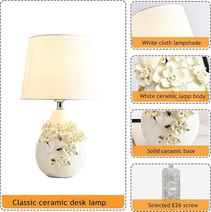 Modern Flower White Table Lamp 17.7" Ceramic Table Lamps Farmhouse Carving with Textured Floral Vase Drum Shade for Living Room Bedroom House Bedside Nightstand Home Office