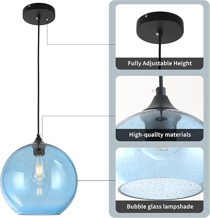 Blue Glass Pendant Lights Kitchen Island Lighting Modern Globe Pendant Light Fixtures Modern Pendant Lights for Kitchen Island Bedroom Living Dining Room Light Fixture-11.8in 2Pack