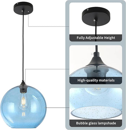 Blue Glass Pendant Lights Kitchen Island Lighting Modern Globe Pendant Light Fixtures Modern Pendant Lights for Kitchen Island Bedroom Living Dining Room Light Fixture-11.8in 2Pack