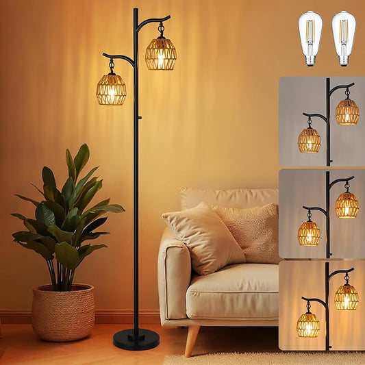 9MMML Rattan Floor Lamp for Living Room, Boho Floor Lamp with 2 Hanging Rattan Lamp Shade, 67'' Farmhouse Dimmable Black Standing Lamp with Rotary Switch for Bedroom, 2 x 800LM LED Bulbs Included