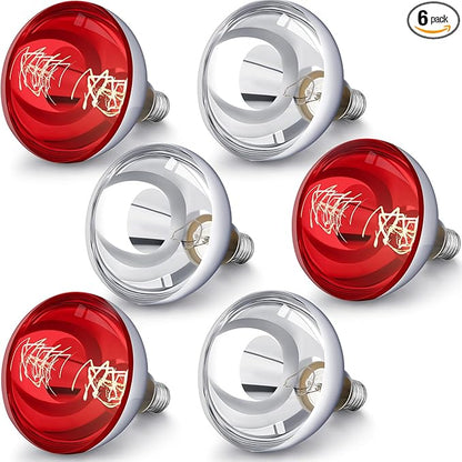 VIHOSE 6 Pack 250 Watt Heat Lamp 120v R40 Heat Lamp Bulbs Glass Incandescent Light Bulbs Incandescent Heating Lightbulbs for Reptiles Chicks Food Puppies Bathroom, Use E26 Base (Silver,Red)