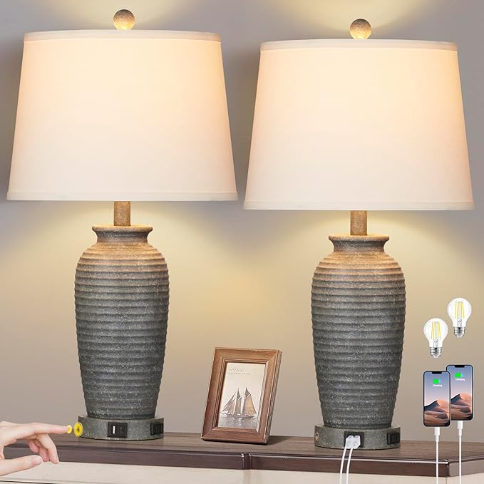25" Farmhouse Jar Table Lamps Set of 2, 3 Way Touch Control Rustic Bedside Lamps with USB A+C Ports & AC Outlet, Pot Nightstand Lamps for Bedroom Living Room (LED Bulbs Included)