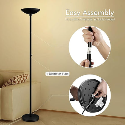 30W Torchiere Floor Lamp - 3600LM Super Bright LED Floor Lamp, 71 Inch Stepless Dimmable Standing Lamp with 3000K Lighting, Rotary Switch, Tall Metal Torch Floor lamps for Living Room/Bedroom (Black)