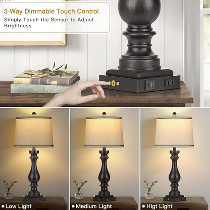 29" Farmhouse Table Lamp for Living Room,Vintage Bedside Nightstand Lamp with USB C+A Ports & AC Outlet,3-Way Dimmable Touch Control Retro Black Desk Lamp for Bedroom,Single Black