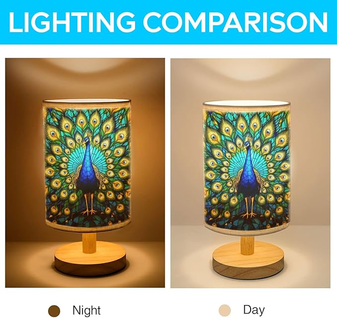 Peacock Table Lamp LED 3-Color Pressed Bedside, Peacock Shade Lamp with Wood Base for Bedroom Living Room Desk Office TL01
