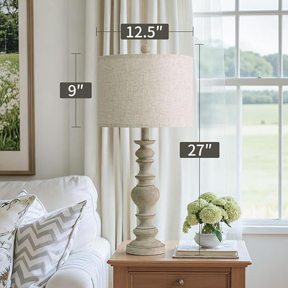 BOBOMOMO 27" Antique Gray Table Lamps Set of 2, Large Farmhouse Resin Lamps with Linen Shades, Vintage Gray Lamps for Living Room, Bedroom, or Console Table Rustic Traditional Décor