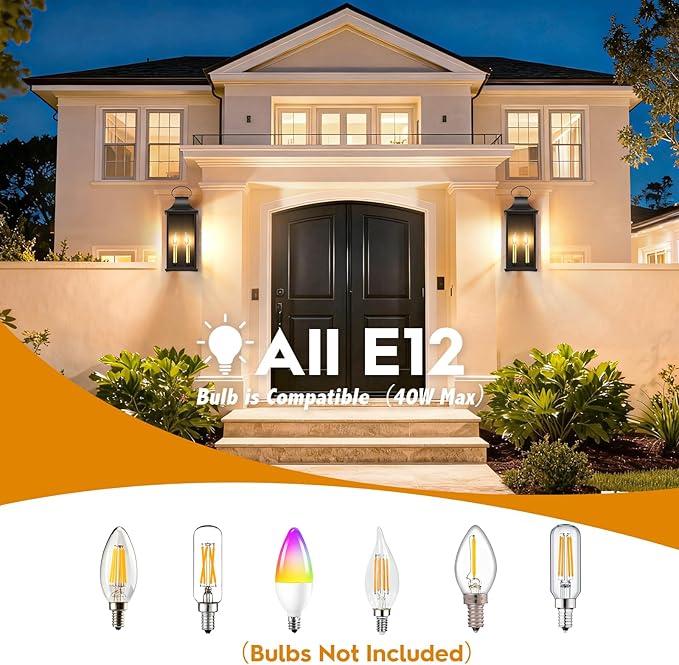 21" Large Outdoor Wall Lights 2 Packs, Black Exterior Lighting Fixtures Outdoor Sconce Light with E12 Base, 2-Light Outdoor Lanterns for Porch, Waterproof Outside Lights for House, Garage, Patio