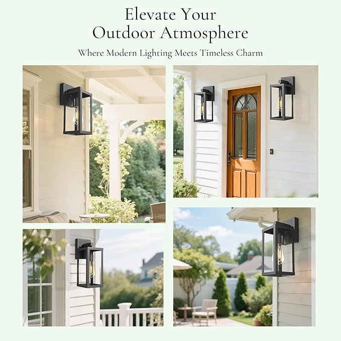 Outdoor Wall Light with Clear Glass, Anti-Rust Exterior Wall Sconce, Weather Resistant Outdoor Lantern, Exterior Lighting for Porch, Patio, Garage, Entryway (Black, 15.5" Height-2 Pack)