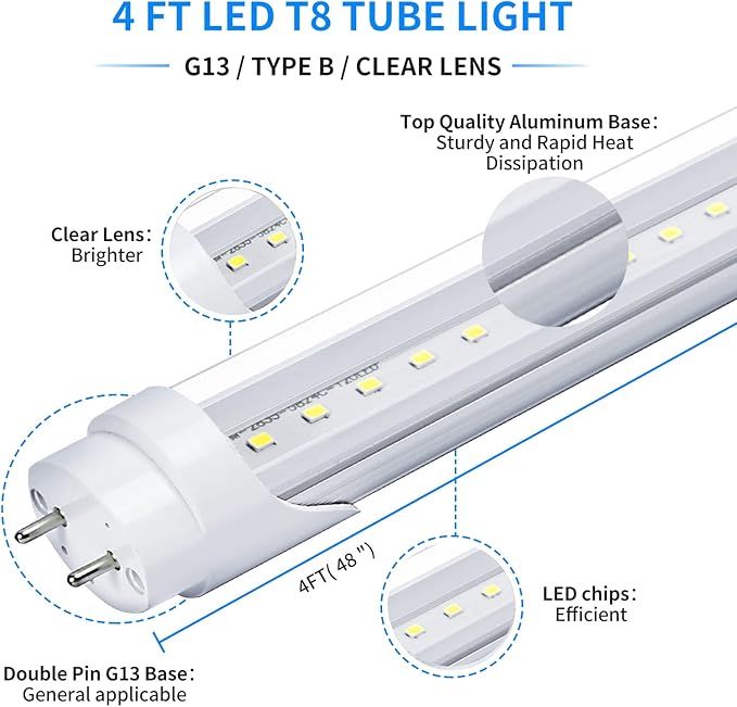 25-Pack T8 LED Bulbs 4 Foot Tube Light, 4ft LED Shop Garage Warehouse Light, 20W 5000K 2600LM Daylight White, Fluorescent Lights Tube Replacement, Ballast Bypass, Dual-end Powered, Clear Cover