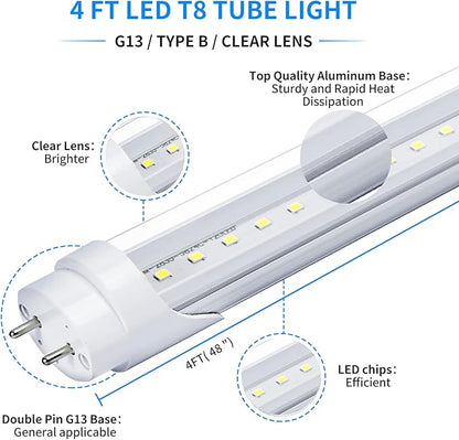 25-Pack T8 LED Bulbs 4 Foot Tube Light, 4ft LED Shop Garage Warehouse Light, 20W 5000K 2600LM Daylight White, Fluorescent Lights Tube Replacement, Ballast Bypass, Dual-end Powered, Clear Cover