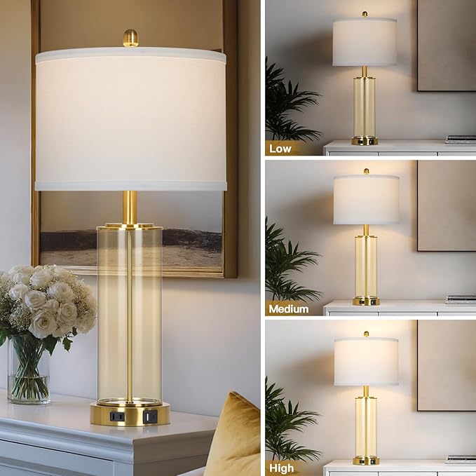 26" Modern Brown Glass Table Lamps Set of 2, Bedside Lamp with USB A+C Ports & AC Outlet, Living Room Lamps with 3-Way Dimmable Touch Control, Stylish Bedside Lamp for Bedroom Nightstand Dining Table
