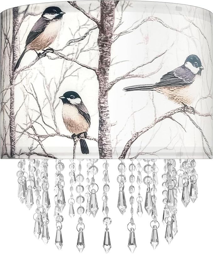 Winter Bird Tree Lamp Shade with Acrylic Bead Droplets, Blue Jay Fabric Light Shade for Pendant Table & Floor Lamp, Nature Gift for Bird lover or Garden Women, 11.8in