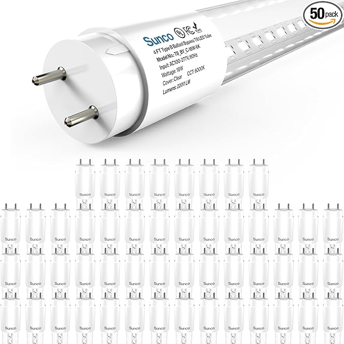 Sunco 50 Pack T8 LED Bulbs 4 Foot, Tube Light Bulbs Ballast Bypass, 48 Inch Fluorescent Replacement, 2200 LM, 18W, 6000K Daylight Deluxe, Single Ended Power, Type B, Clear Lens UL
